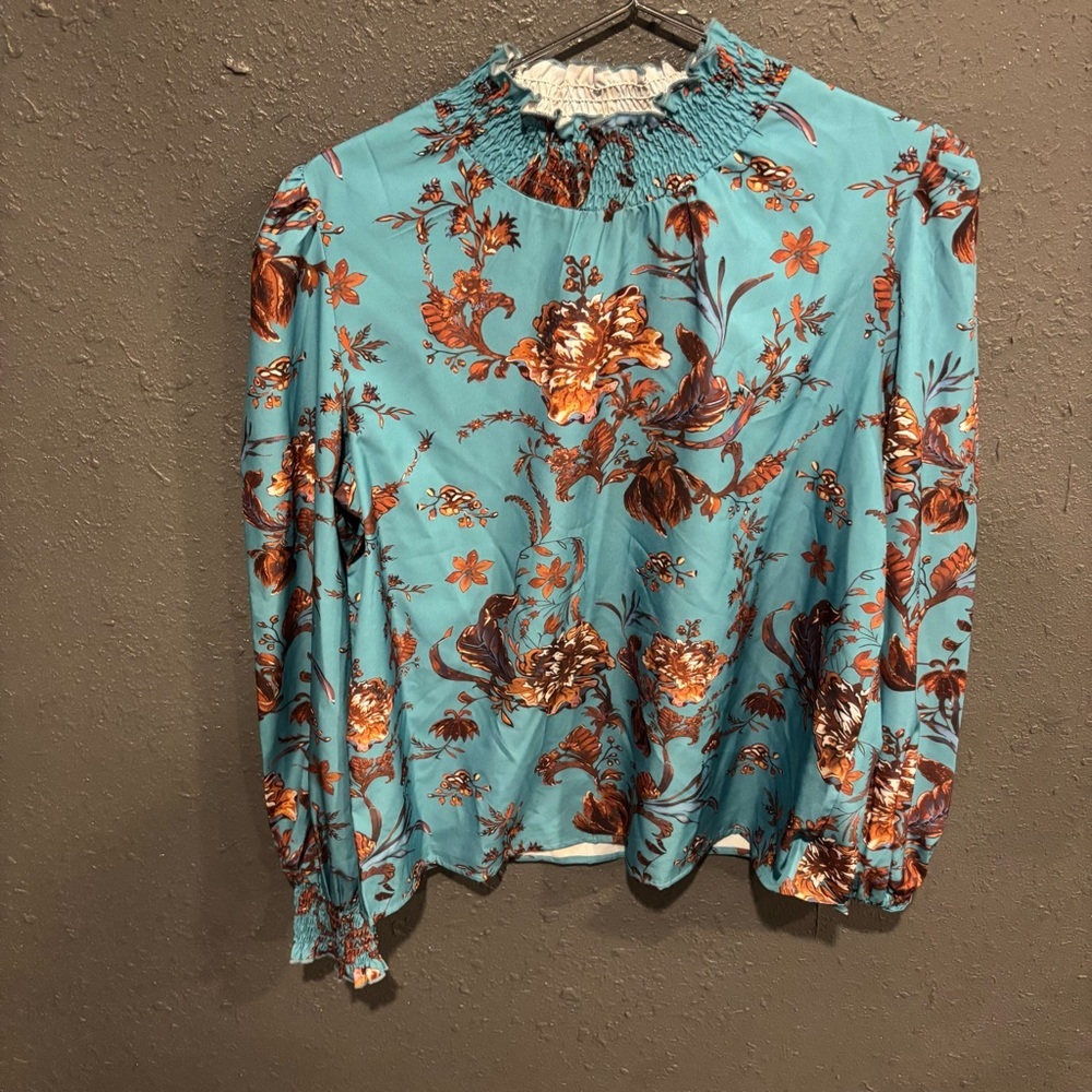 SHEIN Teal and Brown Floral Blouse